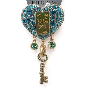 Pilgrim‎ Blue Swarovski Heart Key Brooch Gold Tone Pin